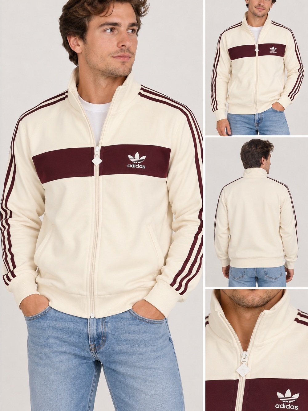 adidas Men’s Cream Track Jacket with Burgundy Stripes